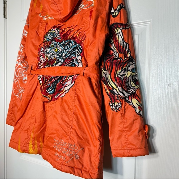 VTG Ed Hardy Trech Coats Embroidered Tiger Tattoo Y2K  Women Small Orange Gothic - Picture 8 of 14